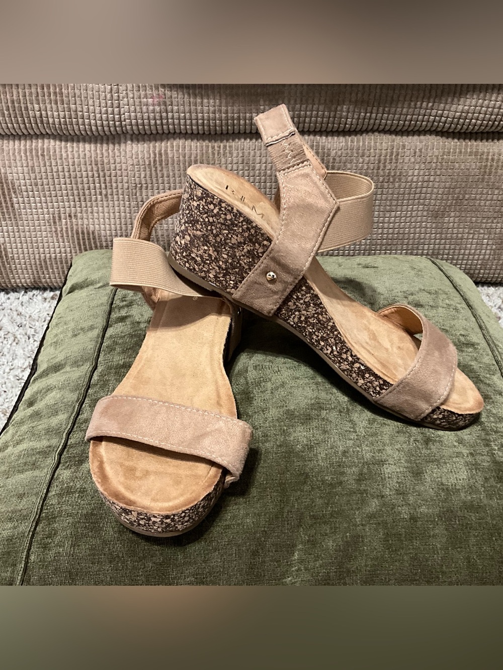 Neutral Taupe Suede Cork Wedge Sandals with Elastic Back